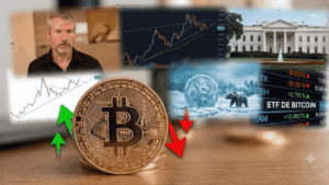 Primer plano: moneda de bitcoin con flechas hacia arriba y hacia abajo. Fondo: Michael Saylor, gráficos de precio, Casa Blanca, un bitcoin congelado al lado de un oso.