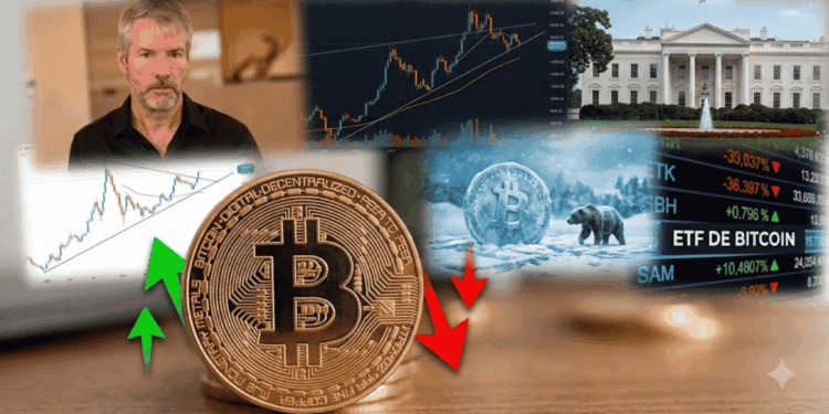 Primer plano: moneda de bitcoin con flechas hacia arriba y hacia abajo. Fondo: Michael Saylor, gráficos de precio, Casa Blanca, un bitcoin congelado al lado de un oso.