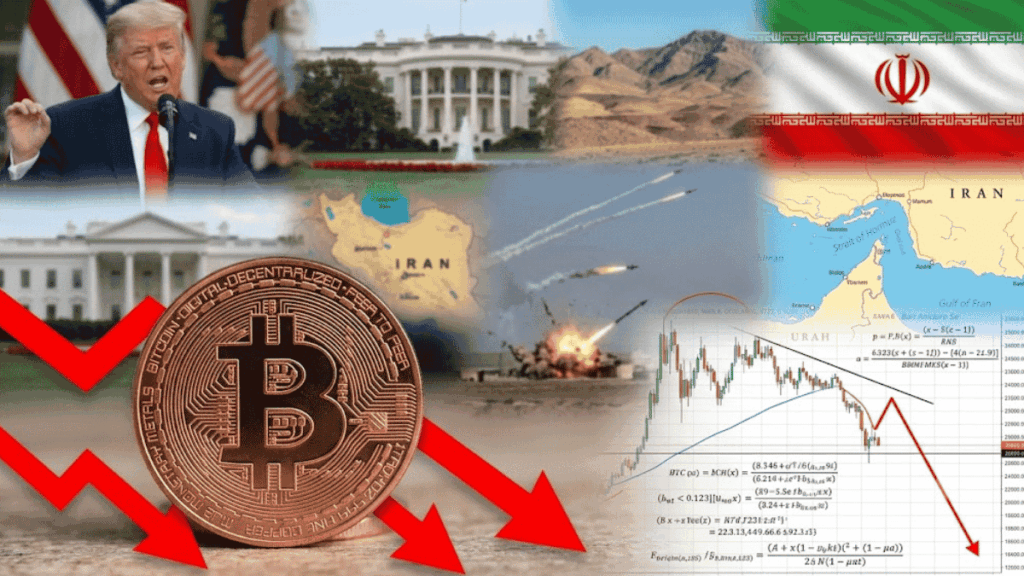 Collage de imágenes: moneda de bitcoin, Donald Trump, mapa de Ormuz, bandera de Irán, etc.