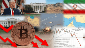 Collage de imágenes: moneda de bitcoin, Donald Trump, mapa de Ormuz, bandera de Irán, etc.