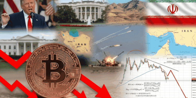 Collage de imágenes: moneda de bitcoin, Donald Trump, mapa de Ormuz, bandera de Irán, etc.