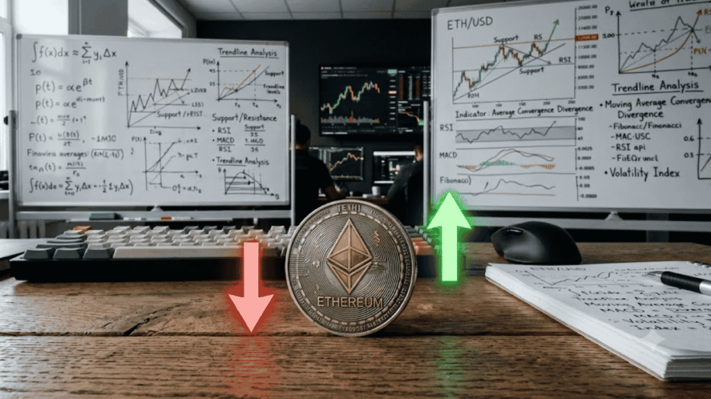 Primer plano: moneda de ETH con flechas hacia arriba y hacia abajo. Fondo: pizarras con análisis de precio.