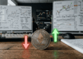 Primer plano: moneda de ETH con flechas hacia arriba y hacia abajo. Fondo: pizarras con análisis de precio.
