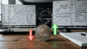 Primer plano: moneda de ETH con flechas hacia arriba y hacia abajo. Fondo: pizarras con análisis de precio.