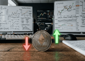 Primer plano: moneda de ETH con flechas hacia arriba y hacia abajo. Fondo: pizarras con análisis de precio.