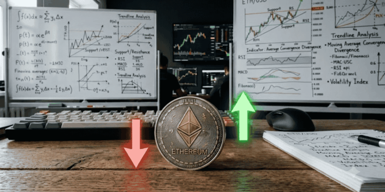 Primer plano: moneda de ETH con flechas hacia arriba y hacia abajo. Fondo: pizarras con análisis de precio.