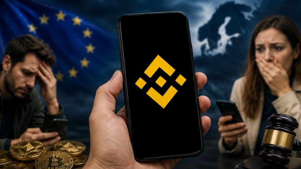 Mano sosteniendo un teléfono con el logo de Binance frente a la bandera de la UE y personas preocupadas.