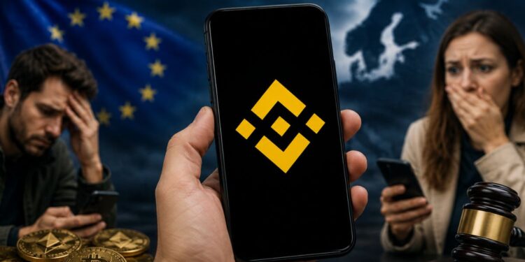 Mano sosteniendo un teléfono con el logo de Binance frente a la bandera de la UE y personas preocupadas.