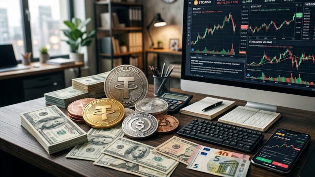 Monedas de USDT y USDC, junto a dinero, gráficas de mercado mixtas.