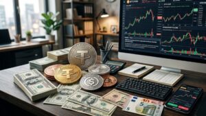 Monedas de USDT y USDC, junto a dinero, gráficas de mercado mixtas.