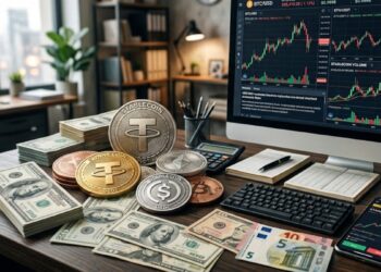 Monedas de USDT y USDC, junto a dinero, gráficas de mercado mixtas.