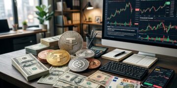 Monedas de USDT y USDC, junto a dinero, gráficas de mercado mixtas.