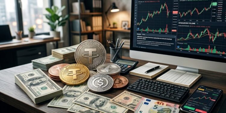 Monedas de USDT y USDC, junto a dinero, gráficas de mercado mixtas.