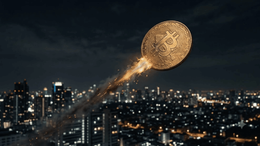 Moneda de bitcoin subiendo como un cohete que se va quedando sin combustible.