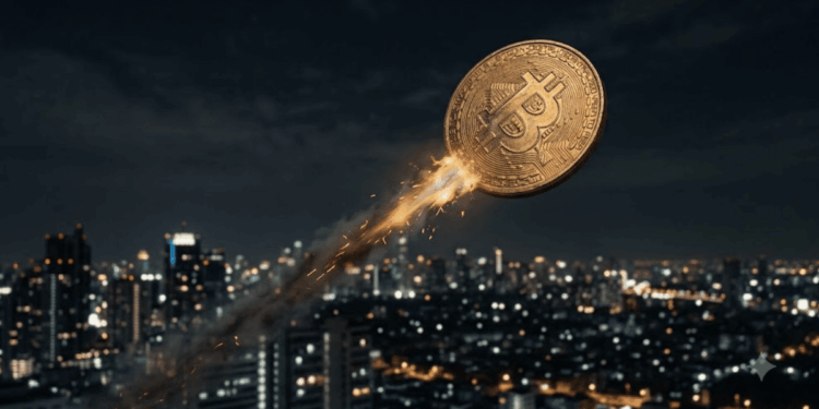 Moneda de bitcoin subiendo como un cohete que se va quedando sin combustible.
