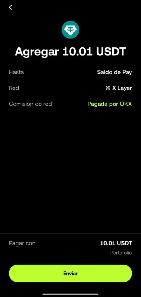 Interfaz para agregar fondos a OKX Pay.