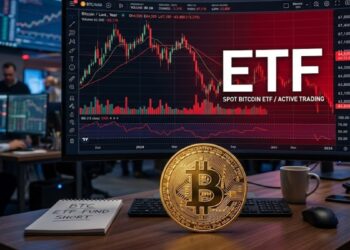 Moneda física de bitcoin dorada sobre una mesa con un monitor que muestra gráficas rojas en el fondo y la palabra ETF.