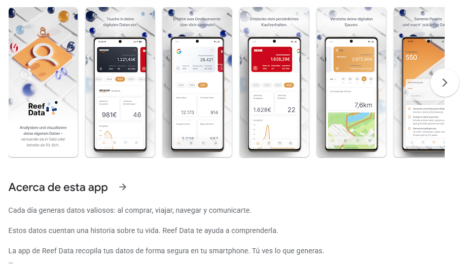 Screenshot de Google Play donde se ve la app de Reef Data.