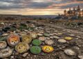 Monedas de memecoins físicas sobre un terreno baldío y en el fondo un reino.