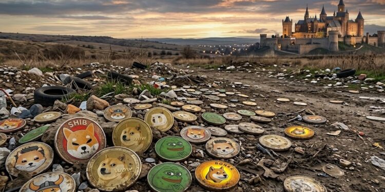 Monedas de memecoins físicas sobre un terreno baldío y en el fondo un reino.