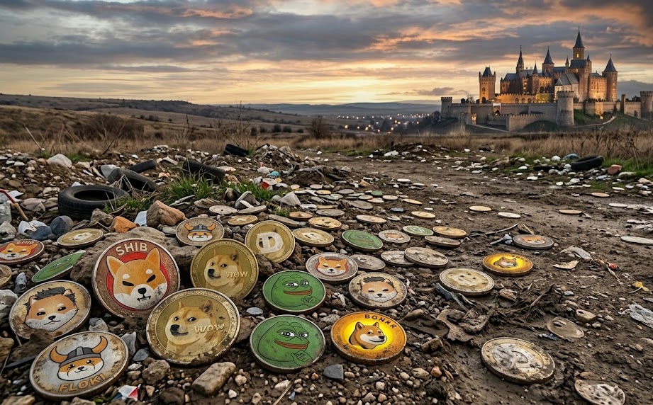 Monedas de memecoins físicas sobre un terreno baldío y en el fondo un reino.