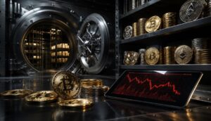 Una bóveda con monedas físicas de bitcoin, ethereum y otras criptomonedas.