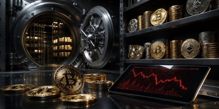 Una bóveda con monedas físicas de bitcoin, ethereum y otras criptomonedas.