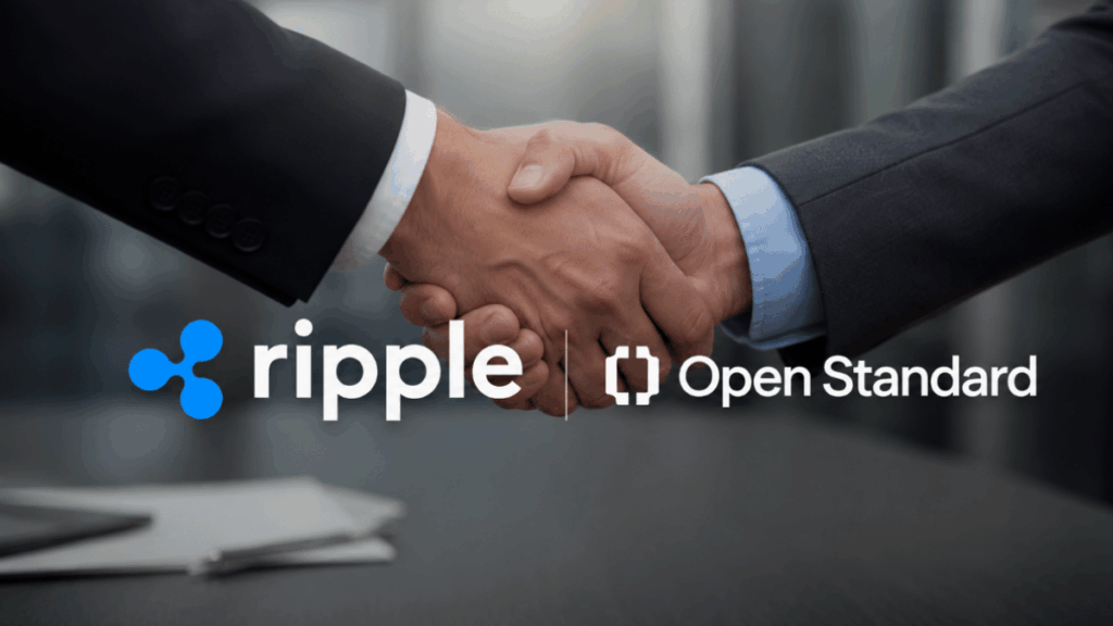 Primer planos: logos de Ripple y Open Standard. Fondo: un apretón de manos.