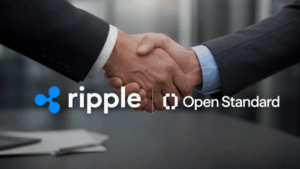 Primer planos: logos de Ripple y Open Standard. Fondo: un apretón de manos.