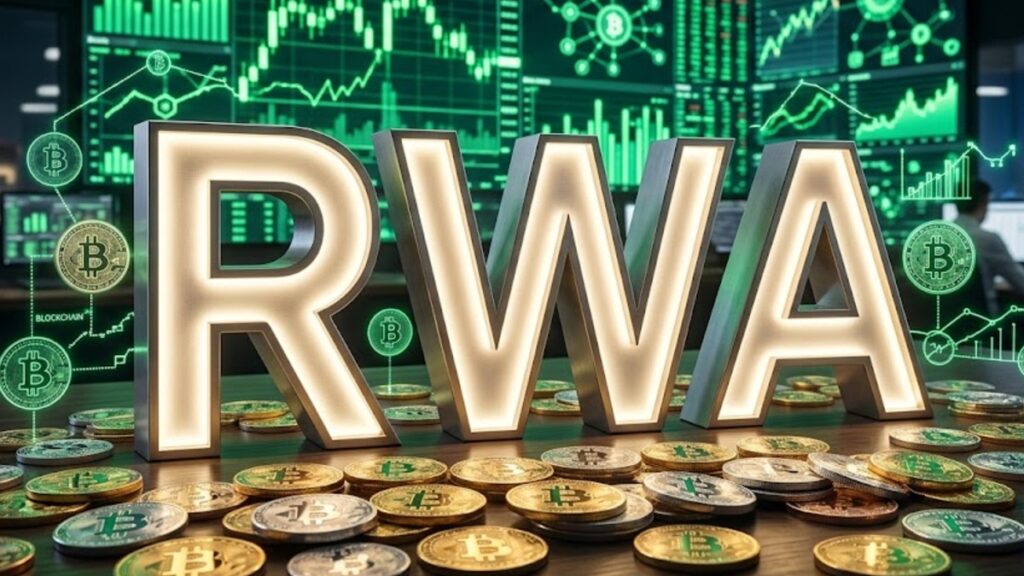 Palabra RWA con gráficos en verde en el fondo, y bitcoin alrededor.