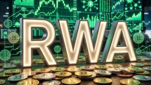 Palabra RWA con gráficos en verde en el fondo, y bitcoin alrededor.