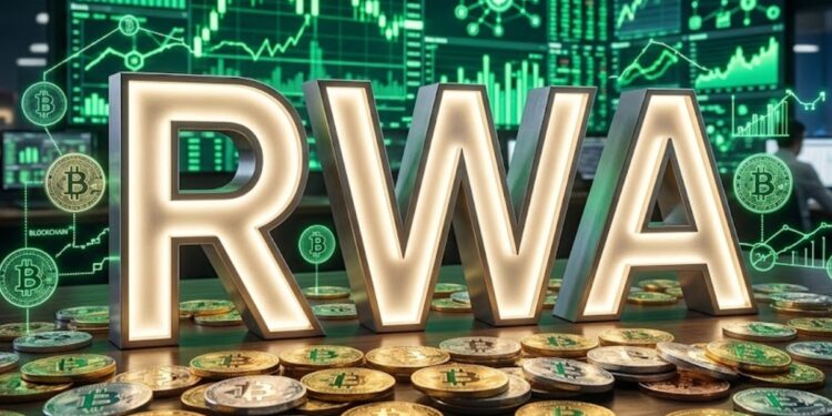 Palabra RWA con gráficos en verde en el fondo, y bitcoin alrededor.