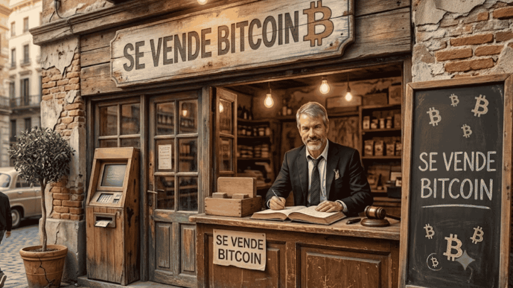 Michael Saylor vendiendo bitcoin en una tienda rústica.