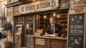 Michael Saylor vendiendo bitcoin en una tienda rústica.