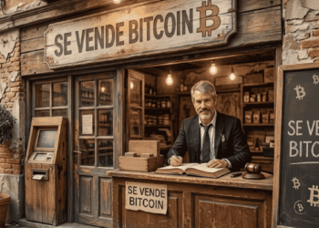 Michael Saylor vendiendo bitcoin en una tienda rústica.