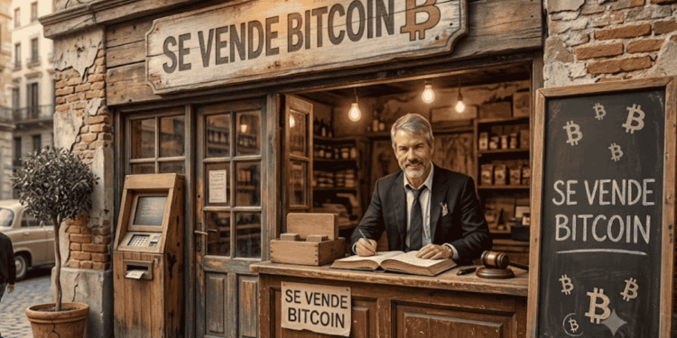 Michael Saylor vendiendo bitcoin en una tienda rústica.