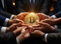 Empresarios ejecutivos sosteniendo conjuntamente una moneda dorada de Bitcoin.