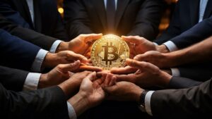 Empresarios ejecutivos sosteniendo conjuntamente una moneda dorada de Bitcoin.