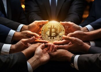 Empresarios ejecutivos sosteniendo conjuntamente una moneda dorada de Bitcoin.