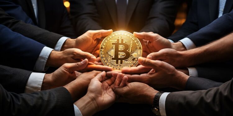 Empresarios ejecutivos sosteniendo conjuntamente una moneda dorada de Bitcoin.