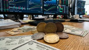 Monedas que tienen grabada las letras USDB, con dólares alrededor, letras del Tesoro y gráficas de mercado en el fondo.