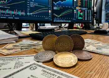 Monedas que tienen grabada las letras USDB, con dólares alrededor, letras del Tesoro y gráficas de mercado en el fondo.