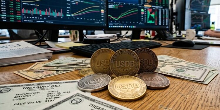 Monedas que tienen grabada las letras USDB, con dólares alrededor, letras del Tesoro y gráficas de mercado en el fondo.