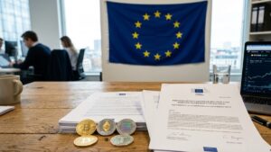 Criptomonedas en una mesa con un documento que dice Ley MiCA y la bandera de la UE en el fondo