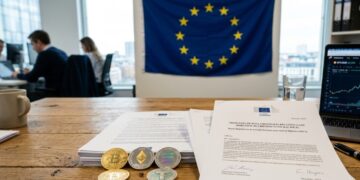 Criptomonedas en una mesa con un documento que dice Ley MiCA y la bandera de la UE en el fondo