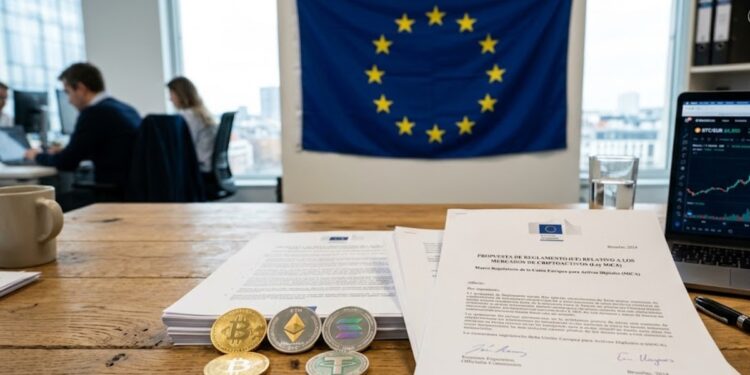 Criptomonedas en una mesa con un documento que dice Ley MiCA y la bandera de la UE en el fondo