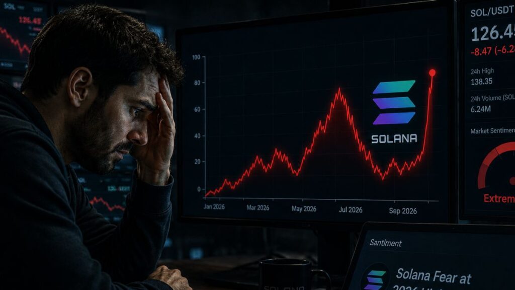 Inversor preocupado mirando un gráfico de precio de solana (SOL) con una línea roja fluctuante.