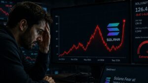 Inversor preocupado mirando un gráfico de precio de solana (SOL) con una línea roja fluctuante.
