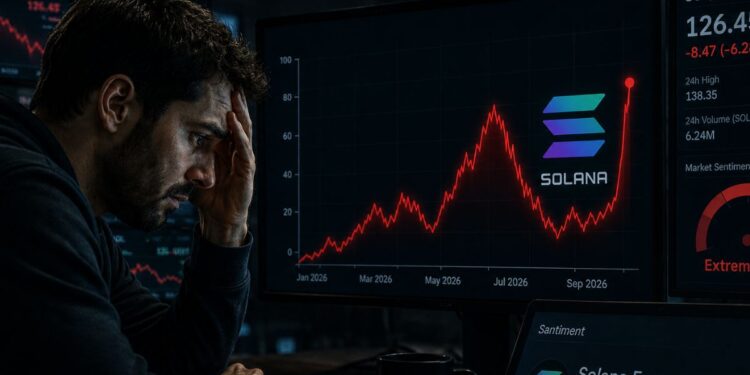 Inversor preocupado mirando un gráfico de precio de solana (SOL) con una línea roja fluctuante.