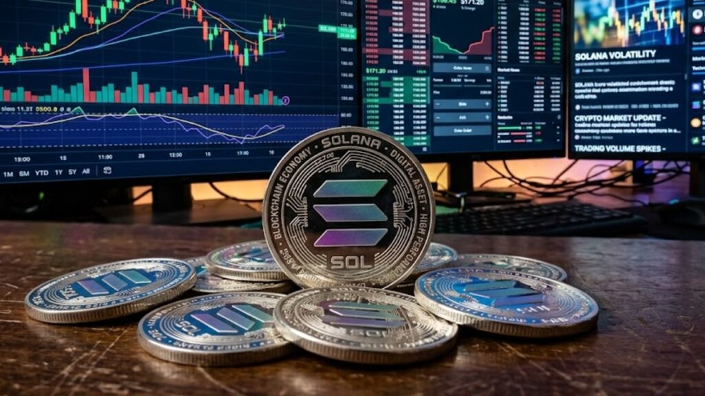 Monedas de Solana con gráficos de mercado mixtos en el fondo.